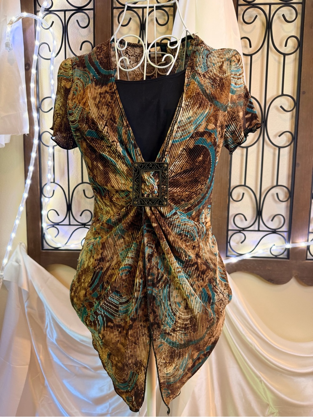 Brittany Black Brown and Teal Twist-Front V-Neck Blouse with Decorative Buckle
